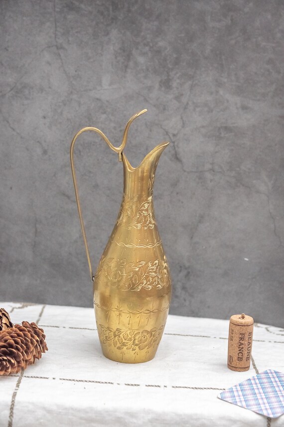 Vintage Decorative Brass Pitcher Brass Homeware Decor Engraved Copper Homeaccent Minimalist Vase Classicstyle Shelf Styling Decor