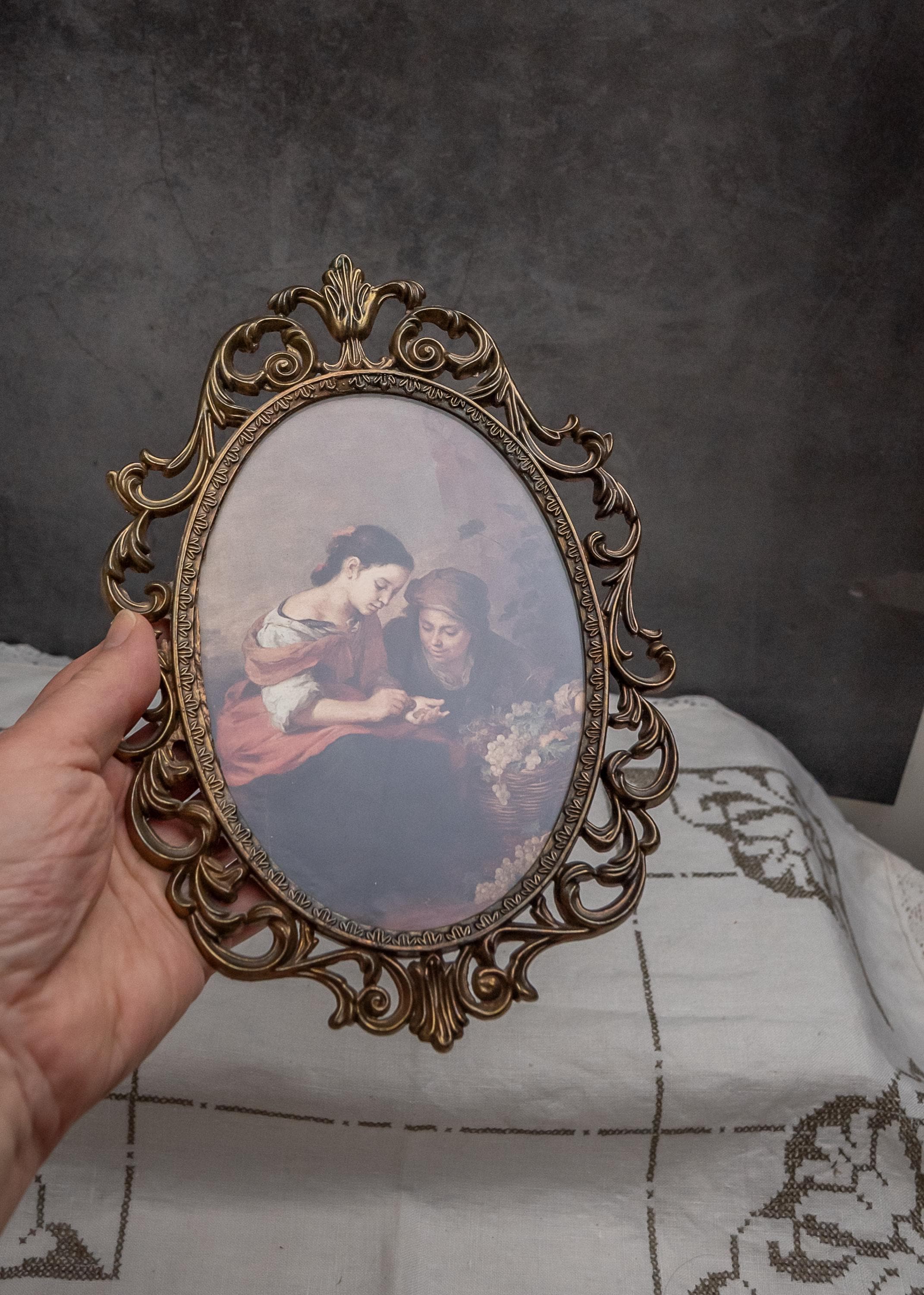 Vintage Picture Frame With Paper Image Solid Brass Oval Hanging
