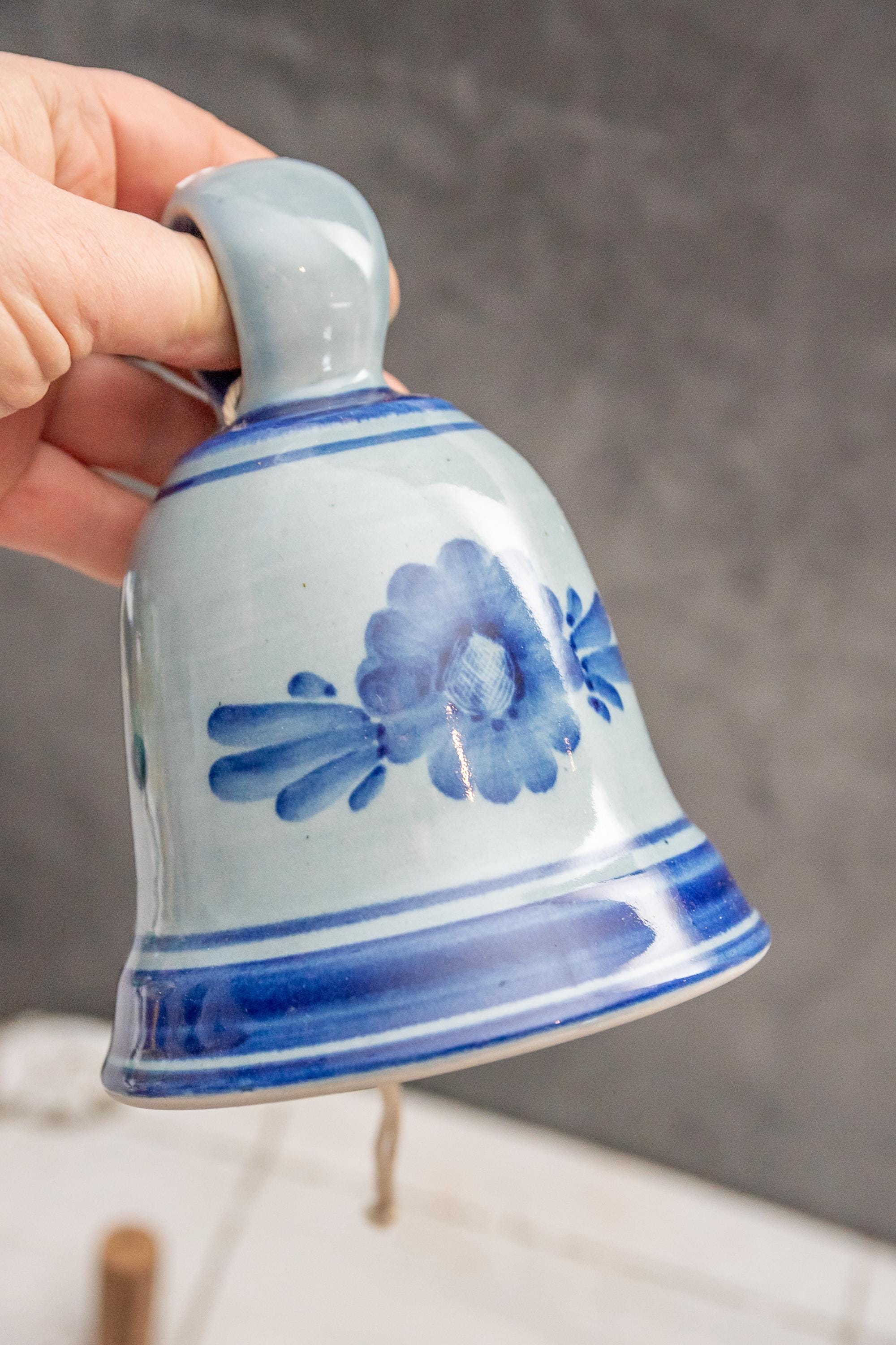 Vintage Hanging Ceramic Bell Garden Windchime Blue Pottery Scandinavian Folkart