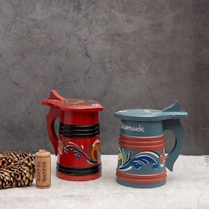 Set of 2 Vintage Miniature Ale Mug Norway Hand Painted Folk Art Rosemaling Small Wood Stein Handmade Housewarming Gift Beer Tankard Souvenir