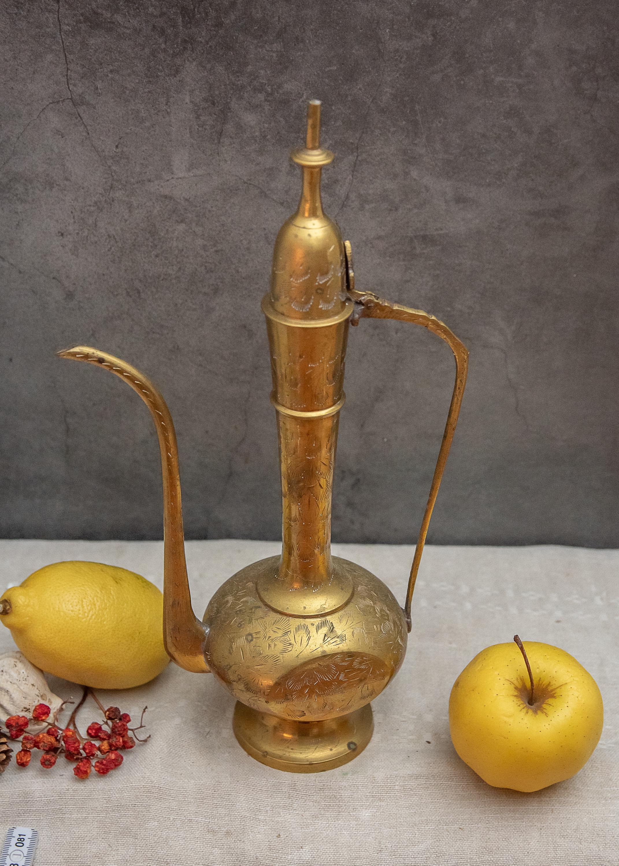 Vintage Engraved Brass Pitcher Arabic Style Aftaba Flower Watering