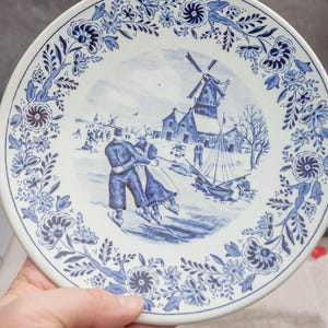 Vintage Delft Plate Blue White Wall Decorative Plate Boch Plate Wall Decor Pair on Skates Vintage Style Kitchen Decor Made in Holland