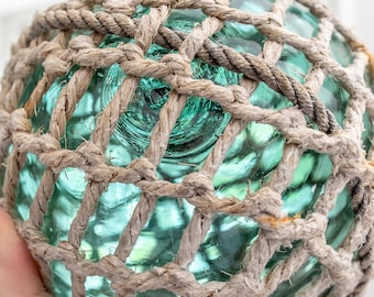 Antique handmade fishing float, Glass globe with hemp net, Norway handcrafted bouy, Blue glass float, Coastal home decor, Marks F2 Flesland