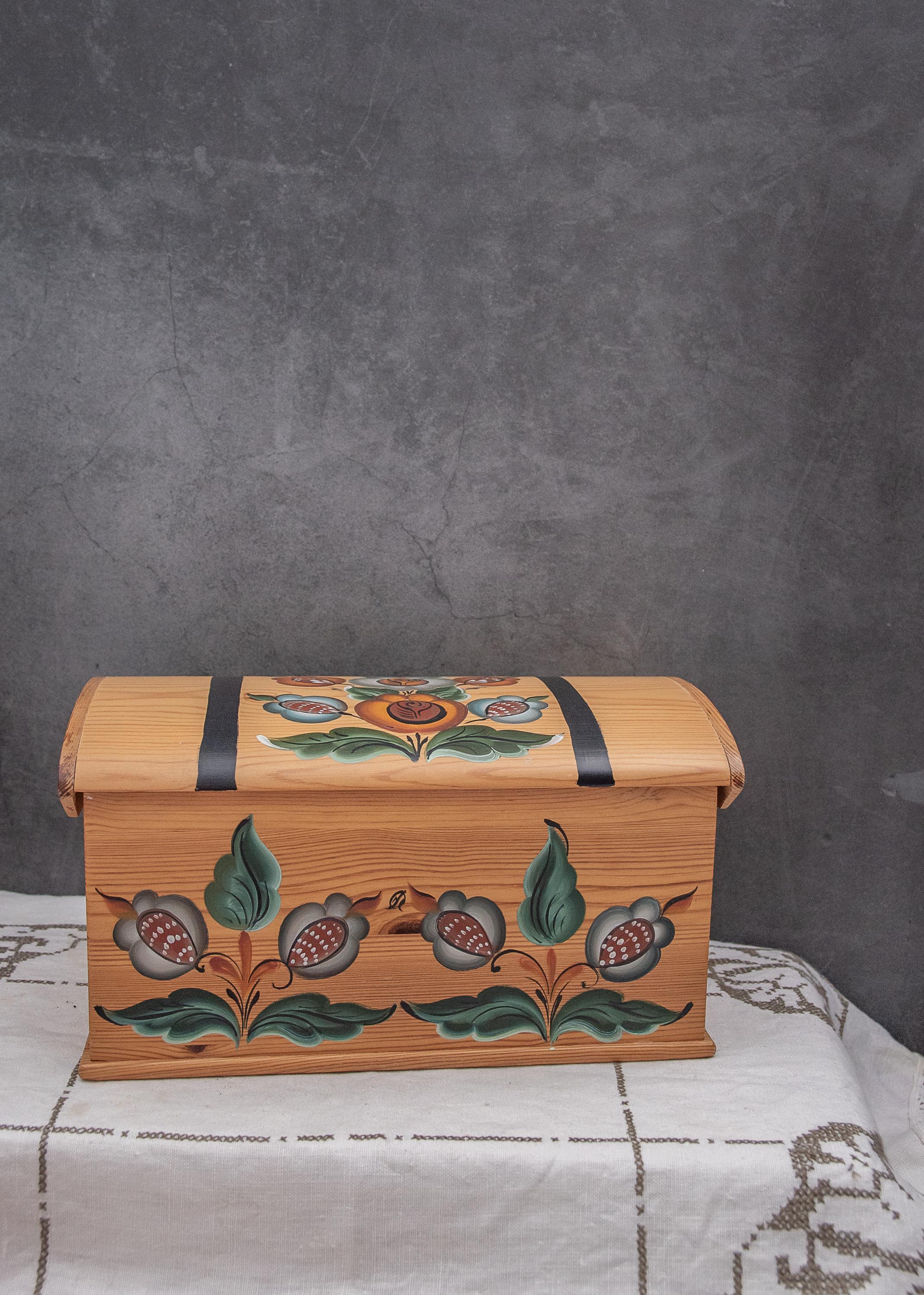 Vintage Wood Chest, Retro Sewing Box, Nordic Handmade Folk Art