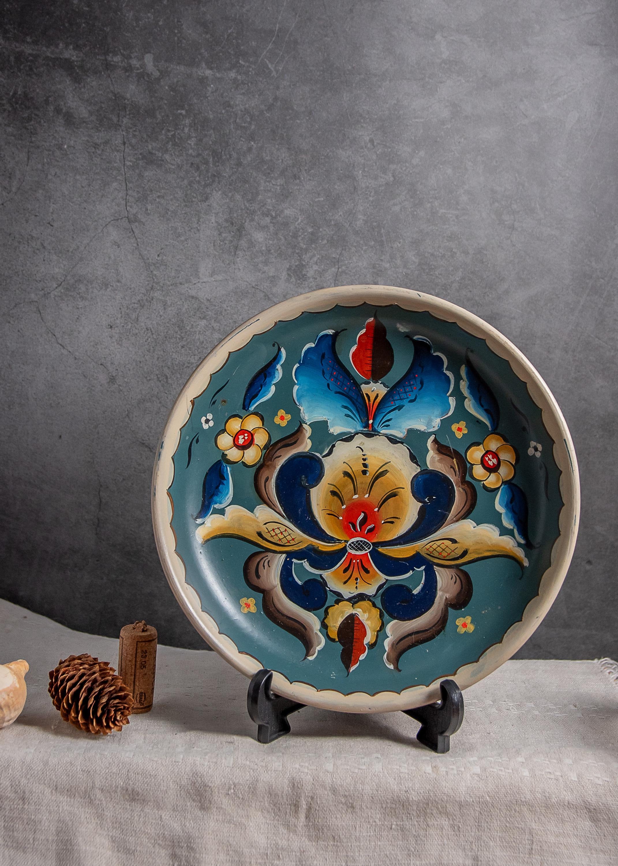 Vintage Wood Plate Bowl Hand Painted Folk Art Rosemaling Handmade Scandinavian Home Décor Housewarming Norwegian Christmas  Gift