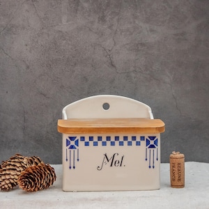 Antique Wall Flour Box With Lid Blue White Ceramic Storage Jar Norway Egersund Container Mid Century Modern Pottery Wall Mounted Canister