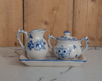 Vintage Mini Sugar Bowl With Lid Milk jug Creamer and tray Blue and White floral Pattern Handpainted Faint Paint Small size Nice Set
