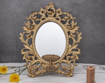 Applique murale miroir vintage, bougeoir mural en laiton massif, applique murale pour bougie, bougeoir mural miroir orné, candélabre Art déco
