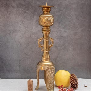 大型アンティーク真鍮製キャンドルスティック プリケット 20世紀初頭 中国 アジア風 ホームデコレーション オリエンタルキャンドルホルダー 新築祝いギフト ホームデコレーション