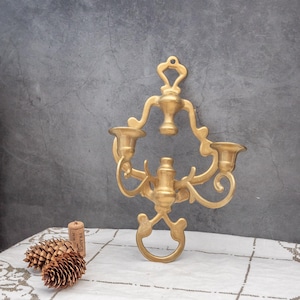 Vintage brass wall sconce, Antique double candlestick, Wall candle holder, Retro home ornament, Farmhouse entrance decor