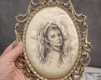 Vintage Picture Frame With Silk Image Solid Brass Oval Hanging Frame Retro Metal Ornate Frame Made in Italy Carved Frame Victorian Style