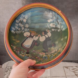 Vintage Hand-Painted Norwegian Folk Art Bowl | Boy & Girl Design | Scandinavian Farmhouse Decor | Decorative Serving Tray