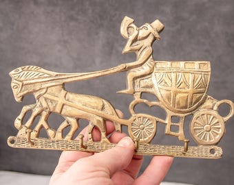 Vintage brass hook, Wall key holder, Rack with 4 hooks, Entrance organiser, Kitchen towel rack