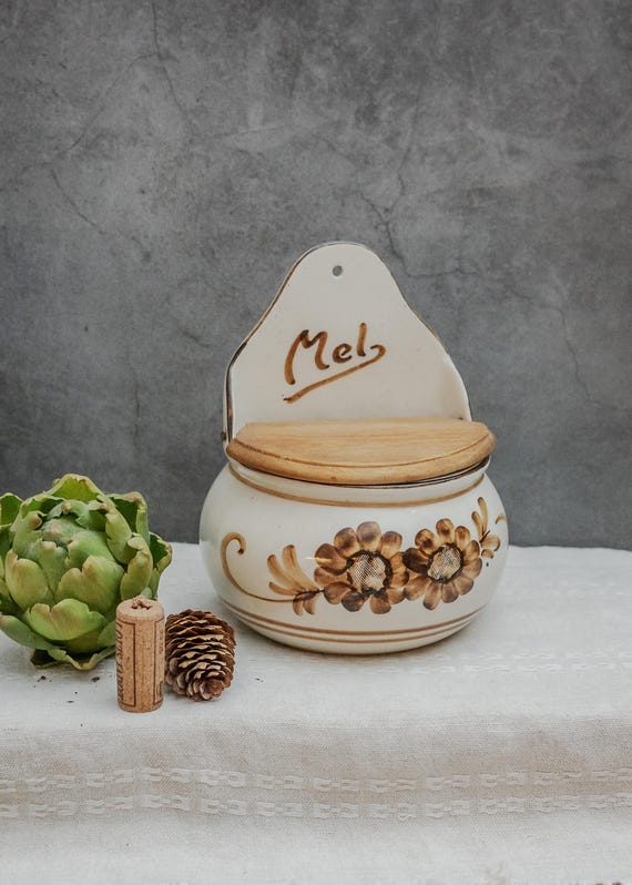 Vintage Flour Storage Ceramic Wall Pocket Decorative Jar Fluor Container Storage Box Wooden Lid Jar Antique Salt Box