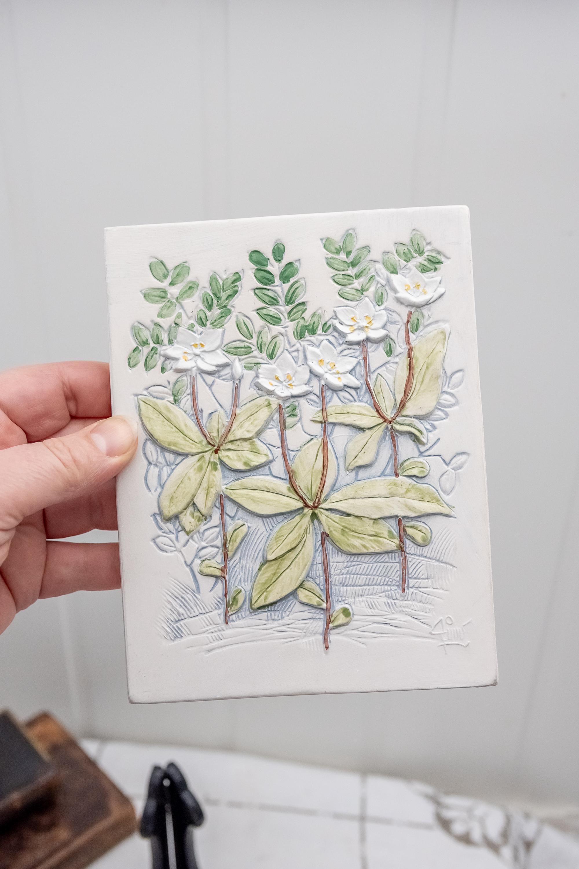 レア大判＊Jie Gantofta＊風景画壁掛け＊美品 ヴィンテージ風の花柄ウォールアート、セラミック製フラワータイル
