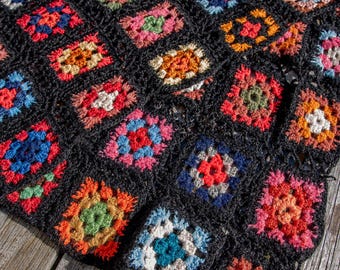 Vintage granny square blanket, Knitted wool cover, Crochet long throw, Handmade bedspread, Housewarming plaid