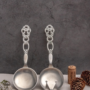 Set of 2 Vintage Salad Servers Ornate Spoon Spork Norwegian Kitchen Utensil Pewter Server Kit Housewarming Hostess Gift Nordic Flatware Gift