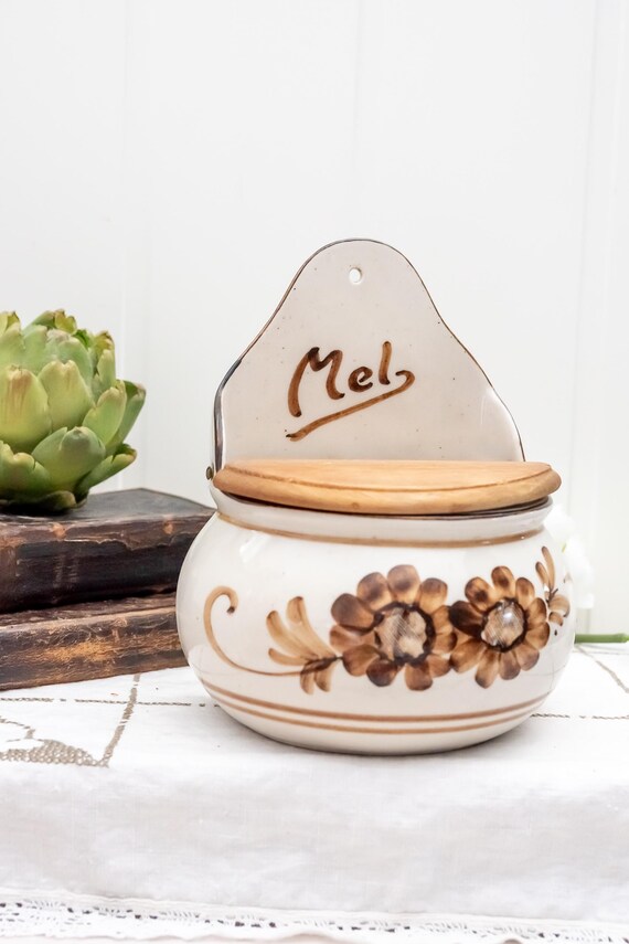 Vintage flour storage container with wooden lid Decorative food storage jar Scandi style ceramic kitchen canister