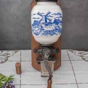 Vintage Ceramic Wall Mount Coffee Grinder Rustic Primitive Manual Antique Kitchen Utensil Coffee Beans Mill made in Holland Blue and White