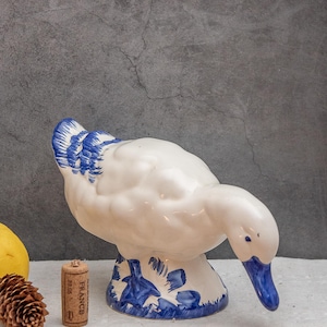 Vintage Blue & White Ceramic Duck Figurine: Farmhouse Kitchen Decor
