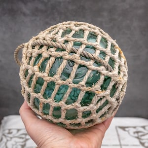 Antique Fishing Glass Float Hemp Net Norway Handcrafted Blue Glass Float Globe Vintage Nautical Decor Marks F2 Coastal Decor Flesland Glass