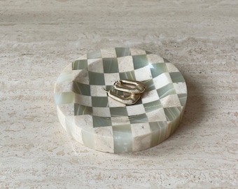 Checkered Travertine and Onyx Marble Vintage Inspired Catchall / Tray