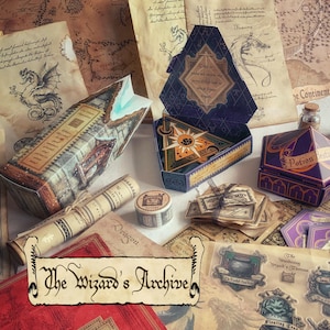 May include: A collection of fantasy-themed items, including decorative boxes, scrolls, and potion bottles, are displayed. The boxes feature detailed designs and the text "Potion Destinies." The image is overlaid with the text "The Wizard's Archive."