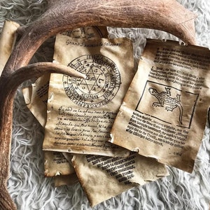 Puede incluir: Una colección de pergaminos antiguos con texto escrito a mano e ilustraciones. El texto incluye las palabras "Grand Pantauads Salomen" y "EHOVA EMMANVE". Las ilustraciones incluyen un círculo con una estrella en su interior y un lagarto.