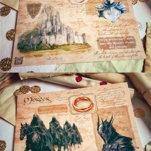 May include: Two illustrated postcards depicting scenes from the Lord of the Rings. The first postcard features a white city with a castle and the text "Gondor, the white city". The second postcard features a group of black horses with riders wearing black cloaks and the text "Mordor".