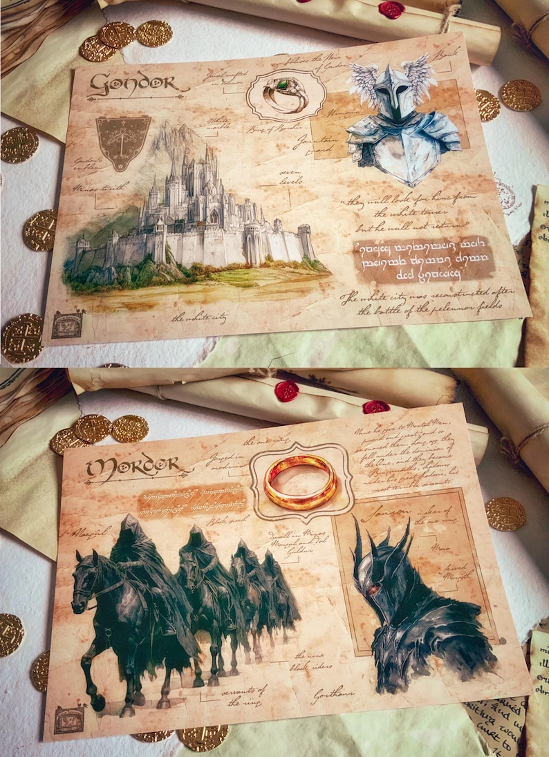 May include: Two illustrated postcards depicting scenes from the Lord of the Rings. The first postcard features a white city with a castle and the text "Gondor, the white city". The second postcard features a group of black horses with riders wearing black cloaks and the text "Mordor".