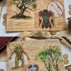 May include: Two illustrated pages from a fantasy book. The first page features a large tree with a spiderweb, a green and brown armor, and the text "Mirkwood". The second page features a tree spirit, a large wooden bowl with water, and the text "Fangorn".