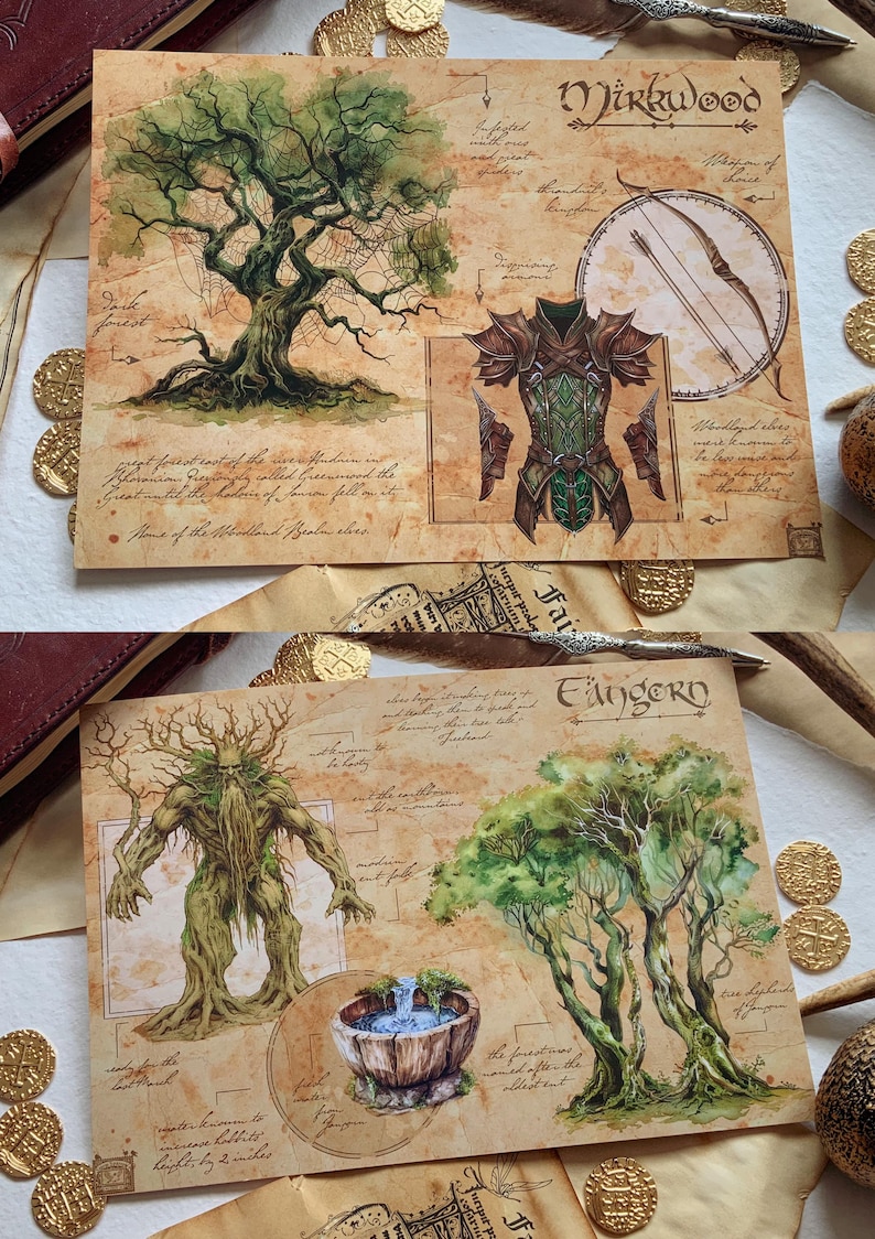 May include: Two illustrated pages from a fantasy book. The first page features a large tree with a spiderweb, a green and brown armor, and the text "Mirkwood". The second page features a tree spirit, a large wooden bowl with water, and the text "Fangorn".