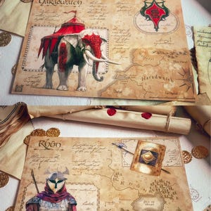 May include: Two vintage-style maps with illustrations and text. The first map features a red and white elephant with a red tent on its back. The second map features a warrior with a helmet and a red cape. The maps are both on a brown background with a parchment-like texture.