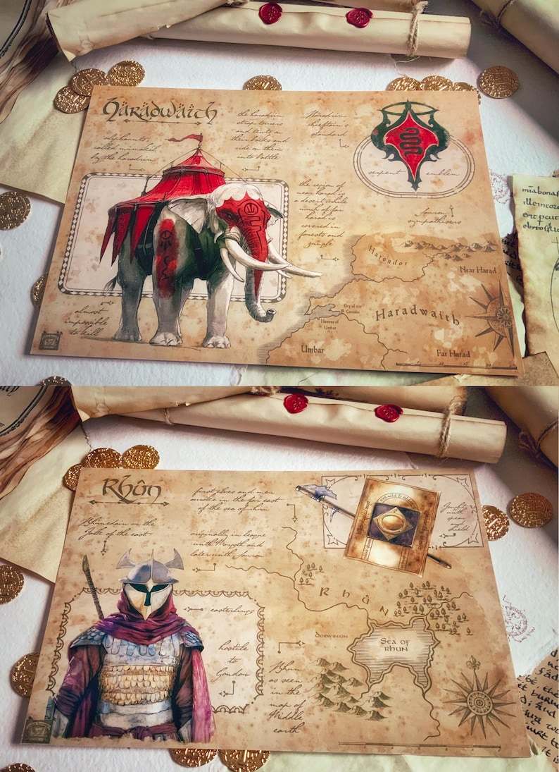 May include: Two vintage-style maps with illustrations and text. The first map features a red and white elephant with a red tent on its back. The second map features a warrior with a helmet and a red cape. The maps are both on a brown background with a parchment-like texture.
