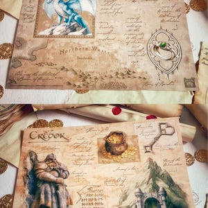 May include: A vintage-style map of the Northern Waste, featuring a blue dragon, a ring with a green gem, and the text "Eorodwatch, Northern Waste". The map is on a parchment-like background with a brown border.