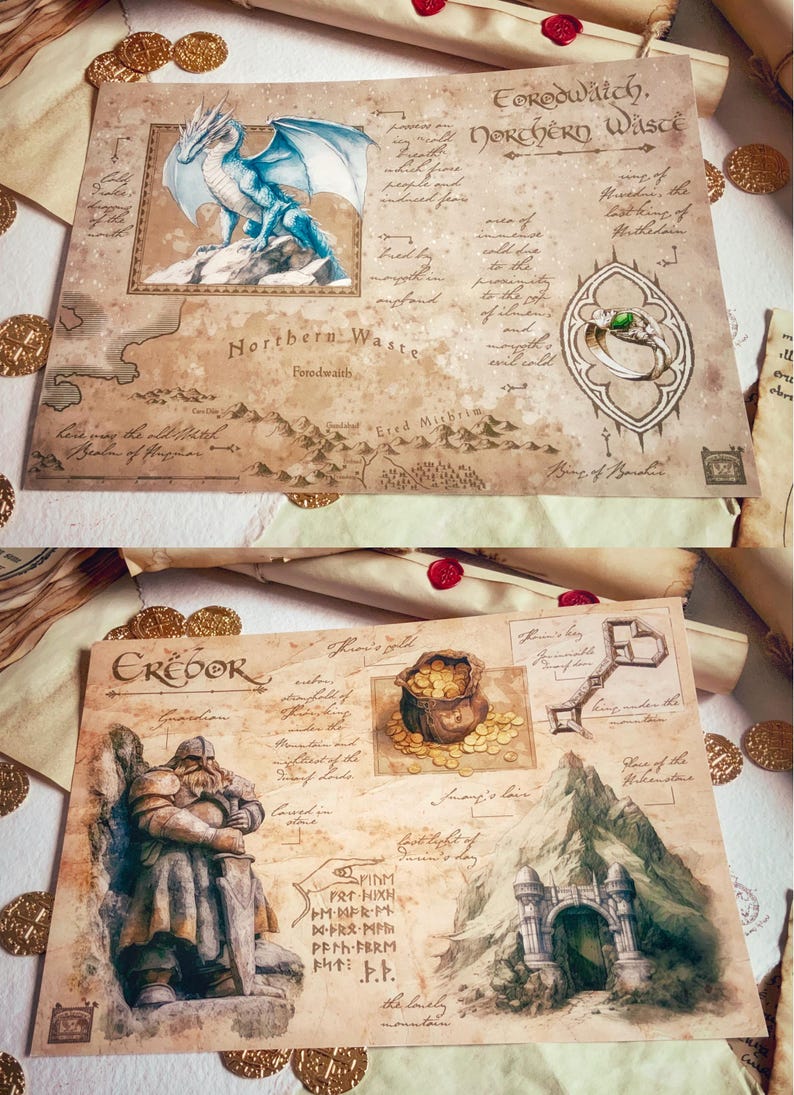 May include: A vintage-style map of the Northern Waste, featuring a blue dragon, a ring with a green gem, and the text "Eorodwatch, Northern Waste". The map is on a parchment-like background with a brown border.