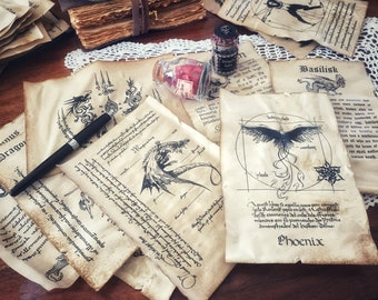 Aged Bestiary Pages: Magical Creature Scrolls