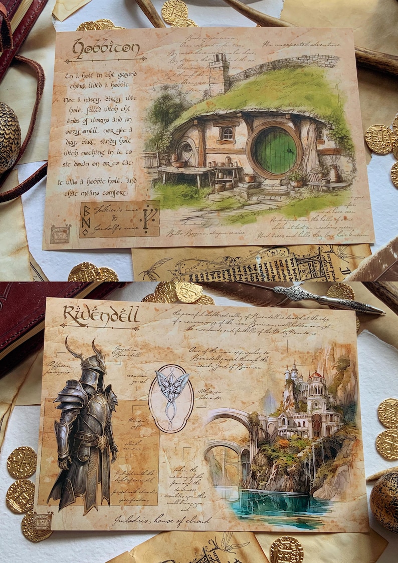 May include: Two illustrated postcards featuring scenes from the Lord of the Rings. The first postcard shows a hobbit hole with a green door and the text "Hobbicon". The second postcard shows a castle on a cliff with a river and the text "Ridendell".