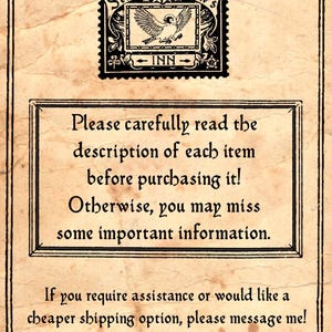 May include: A vintage-style image with a black and white illustration of a bird in a frame. The frame has the text "Storm Sparrow's Inn" around the bird. The image has a text overlay that reads: "Please carefully read the description of each item before purchasing it! Otherwise, you may miss some important information. If you require assistance or would like a cheaper shipping option, please message me! I'll be happy to help you."