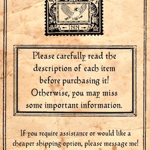 May include: A vintage-style parchment paper with black text and decorative elements. The top features a stamp with the words "Storm Sparrow's Inn" and a bird illustration. The text below advises reading item descriptions before purchase.