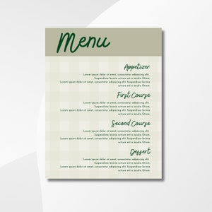 May include: A menu with a green header and the word "Menu" in cursive. The menu is divided into sections: Appetizer, First Course, Second Course, and Dessert. Each section includes placeholder text. The background has a subtle checkered pattern.