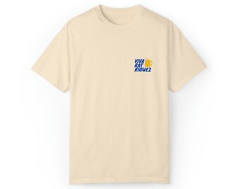 May include: A beige t-shirt with a blue graphic of a beer mug and the text "Viva Rat Riguez".