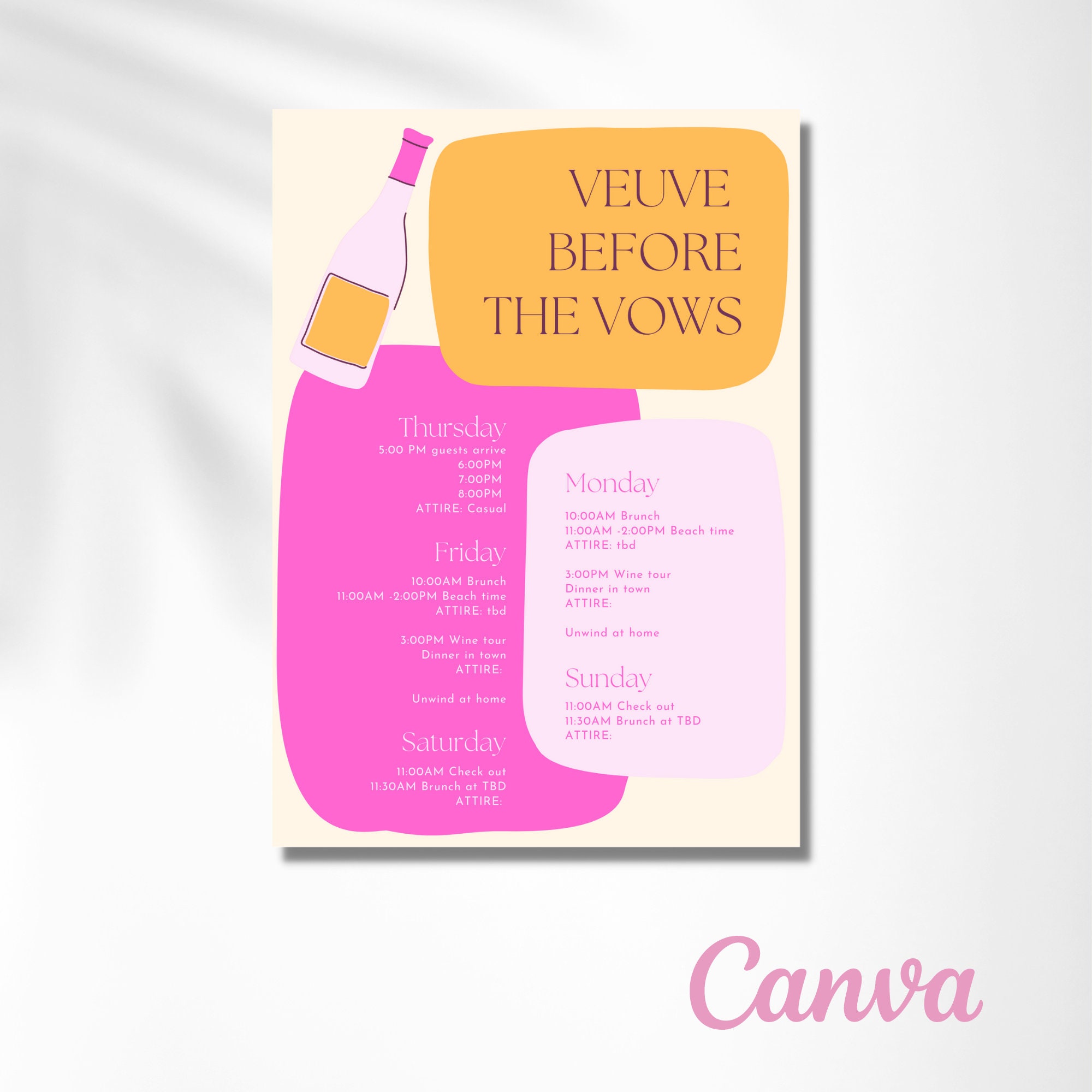 Veuve before vows bachelorette party invitation and schedule