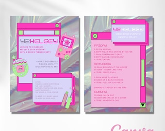 May include: A pink and green digital invitation for a 2000's themed birthday party. The invitation features a cartoon game console and the text "Y2Kelsey" and "Join us to celebrate Kelsey's 30th birthday with a 2000's themed party". The invitation also includes a schedule of events for the weekend, including a champagne toast, brunch, lake time, wine tastings, and dinner.