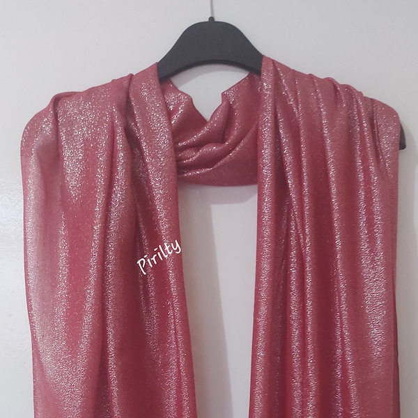 RED Shimmer Shrug,Celebration Party Cape,Bridal Lurex Thread Shawl,Fringe Trim Hijab,Bridesmaid Shoulder Wrap,Cherry Large Scarf,Shine Mesh