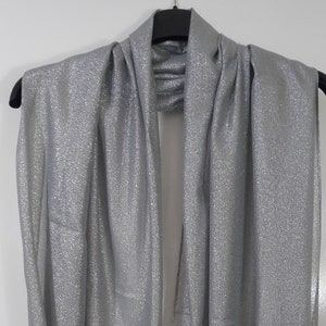 May include: A silver sparkly scarf with a fringed edge.