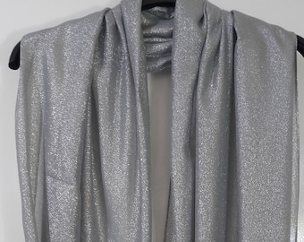 Gray Shimmer Shrug,Wedding Party Cape,Bridal Lurex Thread Shawl,Fringe Trim Hijab,Bridesmaid Shoulder Wrap,GreySilver Large Scarf,Shiny Mesh