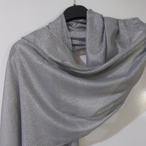 Wedding Party Cape,Gray Shimmer Shrug,Bridal Lurex Thread Shawl,Fringe Trim Hijab,Bridesmaid Shoulder Wrap,GreySilver Large Scarf,Shine Mesh