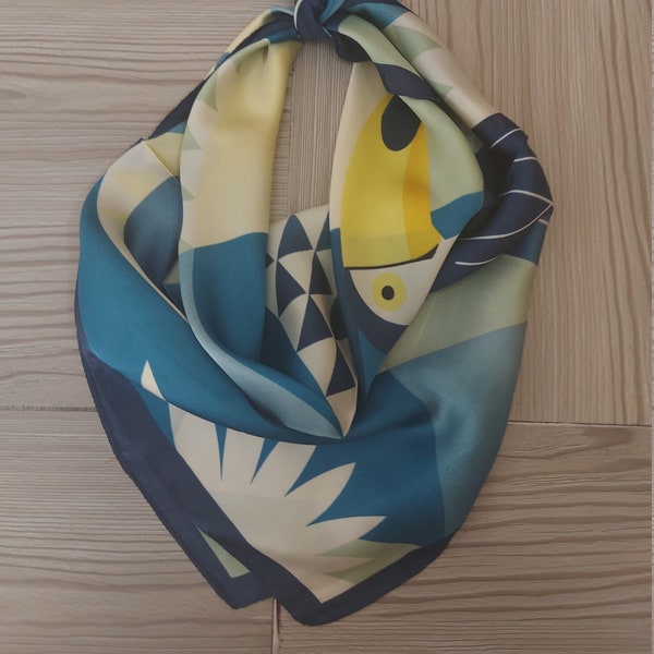 Luxury Parrot Silky Neck Tie,Seasonal Ditsy Foulard,Charmeuse Square Scarf,Smood Head Wrist Bandana,Friend-Colleague Gift,Green Bag Charm