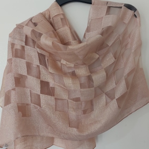 May include: A sheer, light brown scarf with a checkered pattern. The pattern is made of a slightly darker brown, almost gold, thread.